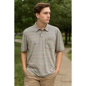 Abercrombie & Fitch Knit Polo Shirt Men's Large Gray White‎ Stripe Retro Stretc